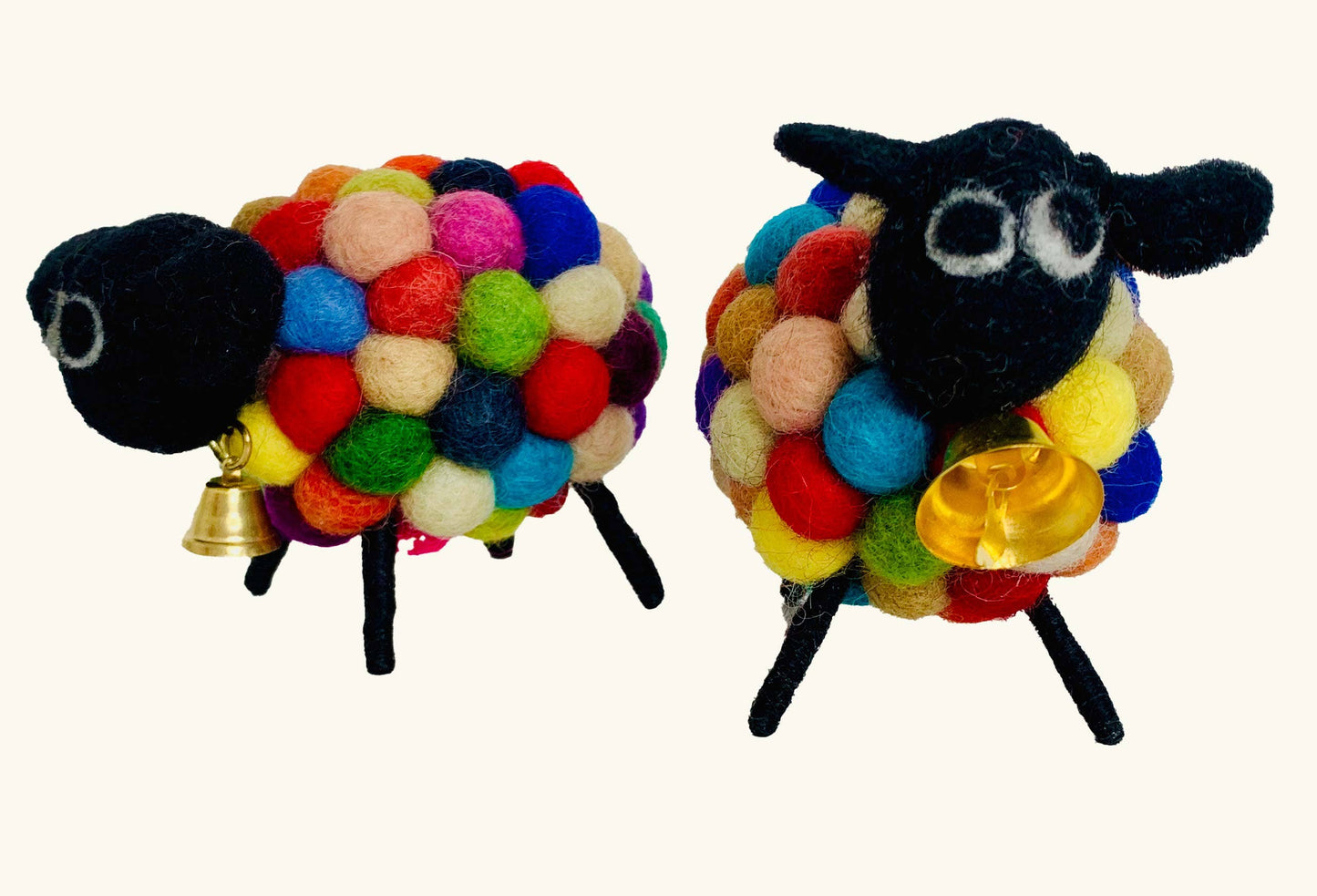 Multi-colored Sheep felted lamb with black face and colored balls gell around neck