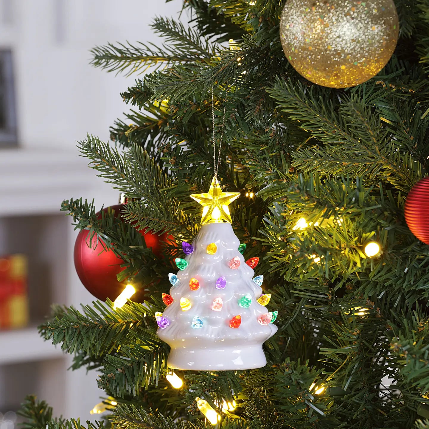 Nostalgic ceramic Christmas tree White 5" tall. Handpainted battery powered lights up