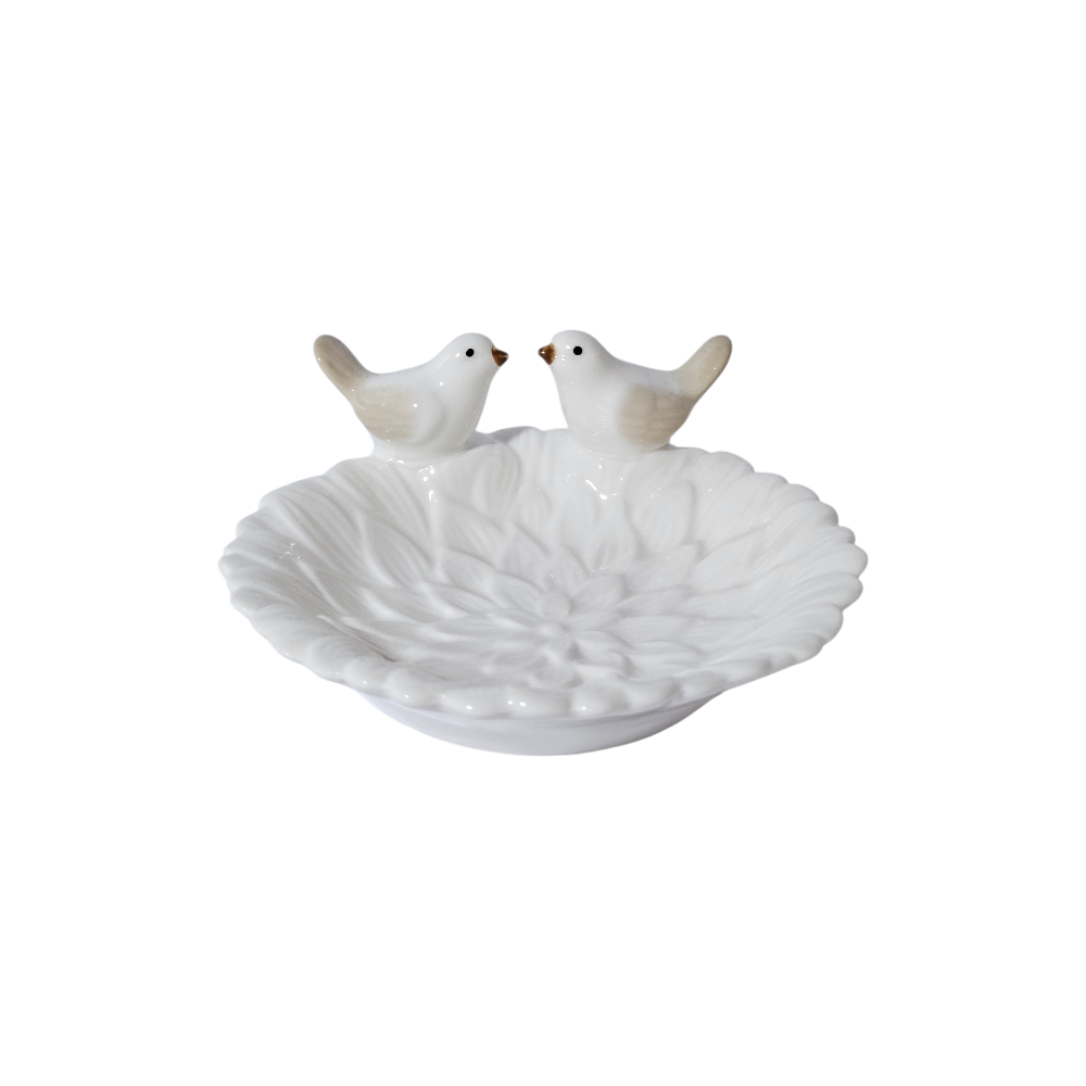 Flower Soap Dish with Pair of Birds white ceramic ring trinket dish