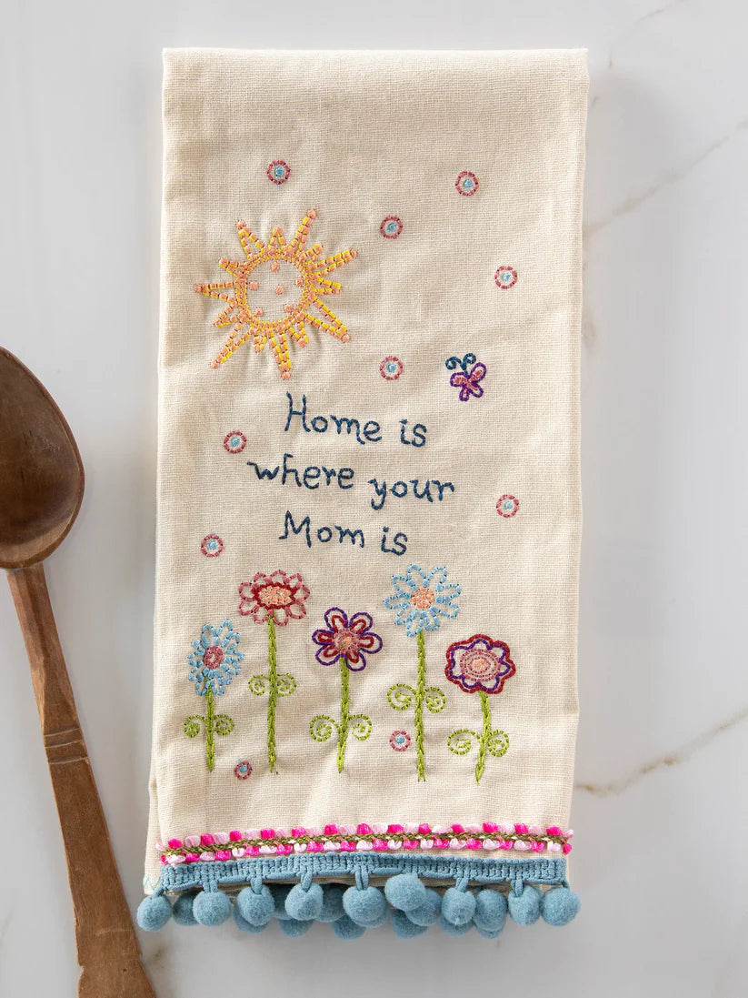 Home is where your mom is. Linen hand towel. Loop for hanging. Natural Life brand.
