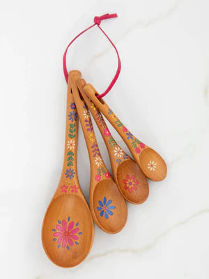 Measuring spoons set of 4 wooden with folk flower.  Tied together. Natural Life Brand