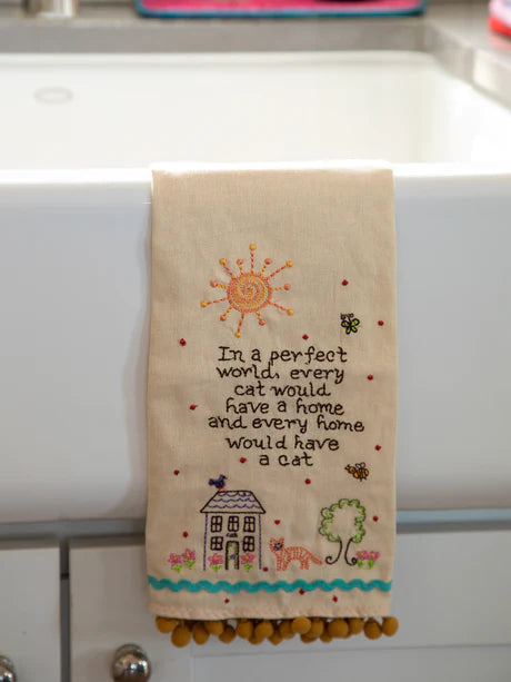 Linen embroidered towel In a perfect world every home would have a cat. Loop for hanging.