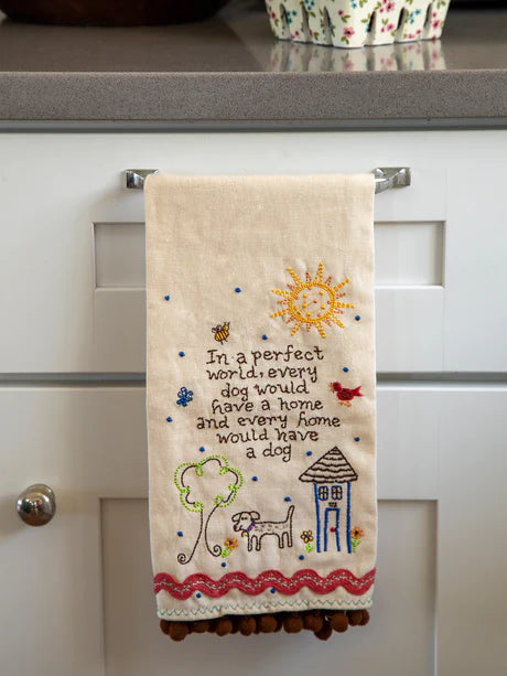 Linen embroidered towel In a perfect world every home would have a dog. Loop for hanging.