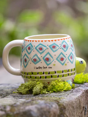 Turtle shaped coffee mug by Natural Life. Myrtle the Turtle. I turtley / totally love you. Ceramic cup for coffee or tea.