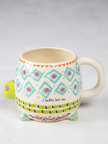 Turtle shaped coffee mug by Natural Life. Myrtle the Turtle. I turtley / totally love you. Ceramic cup for coffee or tea.