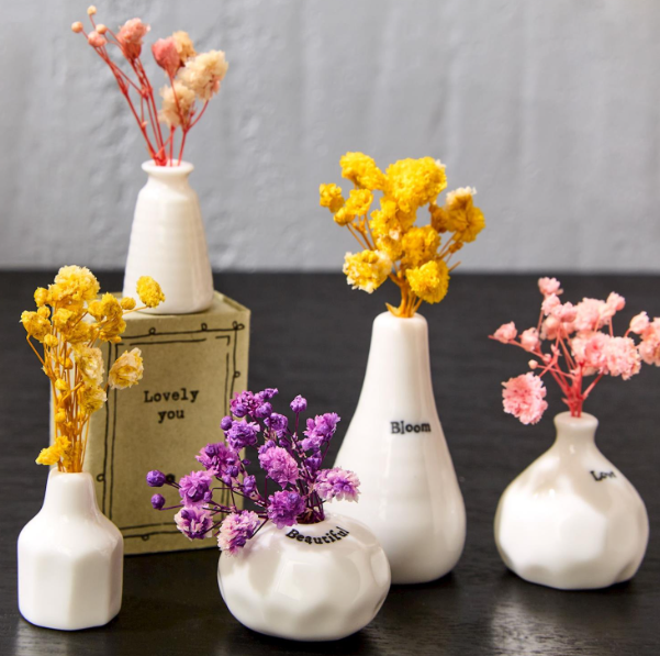 Small Porcelain vase with flowers and message of love bloom home friends and lovely