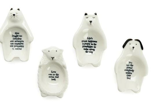 Porcelain animal trinket dish with dog, cat, sheep and bear. Dish shape like bear, dog, cat, and sheep