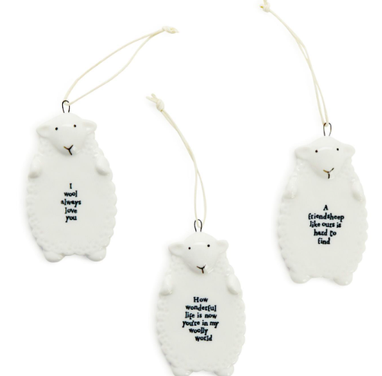 Sheep hanging ornament with words of love friendship and wonderful life porcelain white