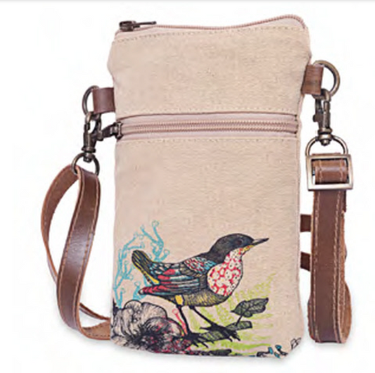 Bird on canvas cellphone sling bag phone long removable strap for iphone. Bird art work on canvas