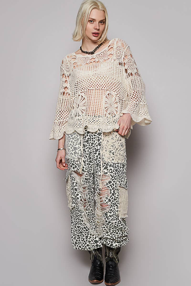 Pol Clothing - Round neck long sleeve crochet cardigan top. Natural color