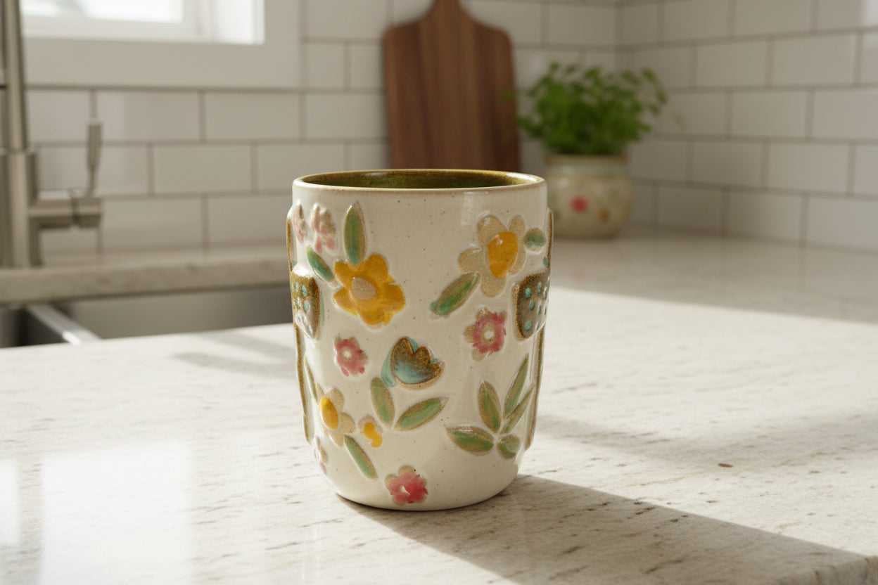 Ceramic mug 16 ounce with teal cross on sides. Neutral colors and flowers