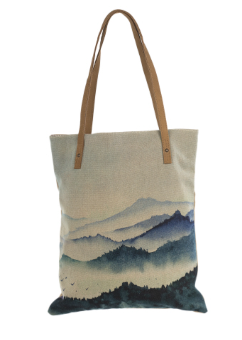 Mountain range cotton canvas tote bag or bookbag with art scene on one side. Leather trim, zipper