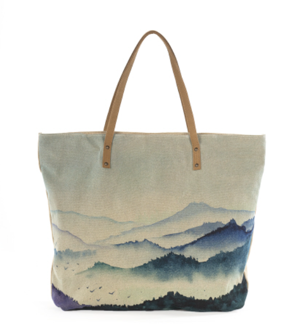 Quality cotton canvas tote bag with mountains like the Appalachina and Smokies. Leather trim, zipper and pockets Large weekender purse