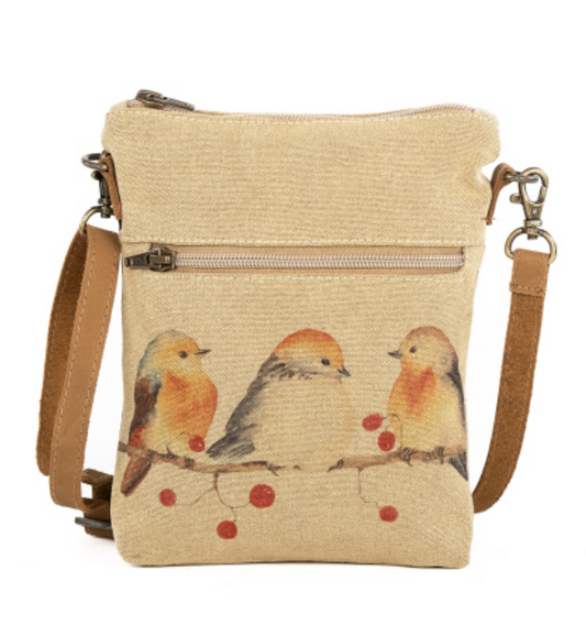 Birds on a sling bag purse with leather strap for cell phone Cotton canvas art work zippers and open pockets for large phones