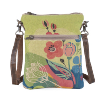 Floral pattern sling bag purse with leather strap for cell phone Cotton canvas art work zippers and open pockets for large phones