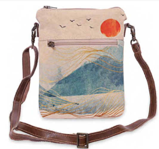 Beach theme sling bag purse with leather strap for cell phone Cotton canvas art work zippers and open pockets for large phones