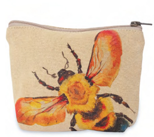 Makeup bag with big honey bee. travel pouch with zipper Cotton canvas artwork bag for cosmetics. Travel bag.