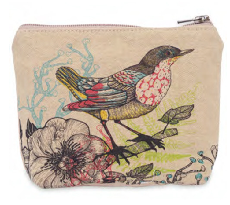 Makeup bag with big bird and flowers. travel pouch with zipper Cotton canvas artwork bag for cosmetics. Travel bag with artwork