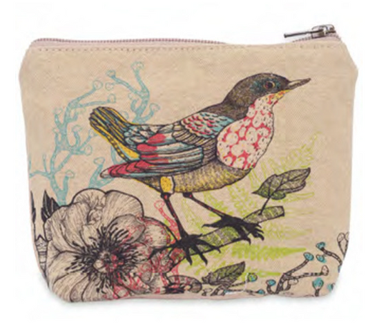 Makeup bag with big bird and flowers. travel pouch with zipper Cotton canvas artwork bag for cosmetics. Travel bag with artwork
