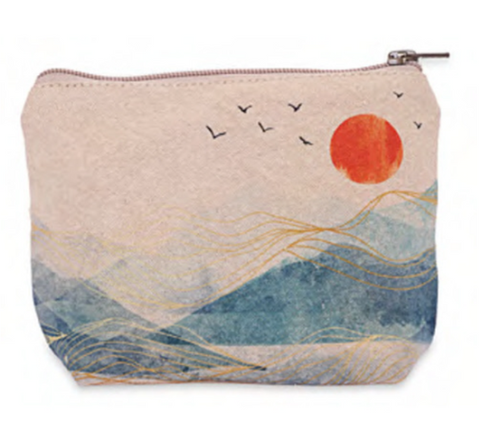 Beach scene makeup bag travel pouch with zipper Cotton canvas artwork bag for cosmetics. Travel bag with beach water waves
