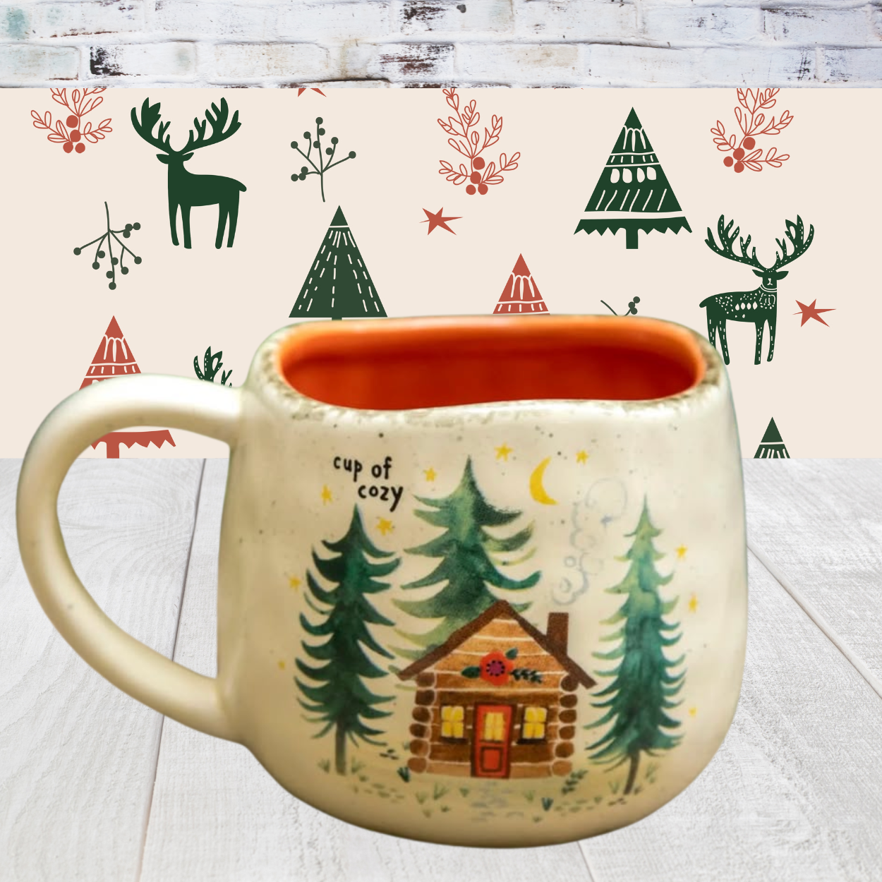 Ceramic cup with trees and cabin. Cup of Cozy mug. Coffee or tea. Natural Life Brand