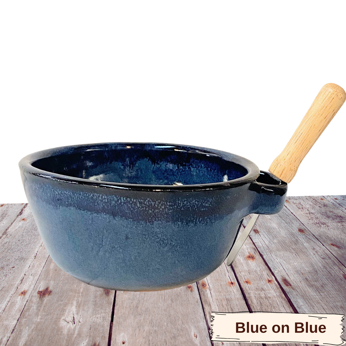 Pottery bowl with loop handle for knife. Spreader cup for jams sauces dips and charcuterie boards.