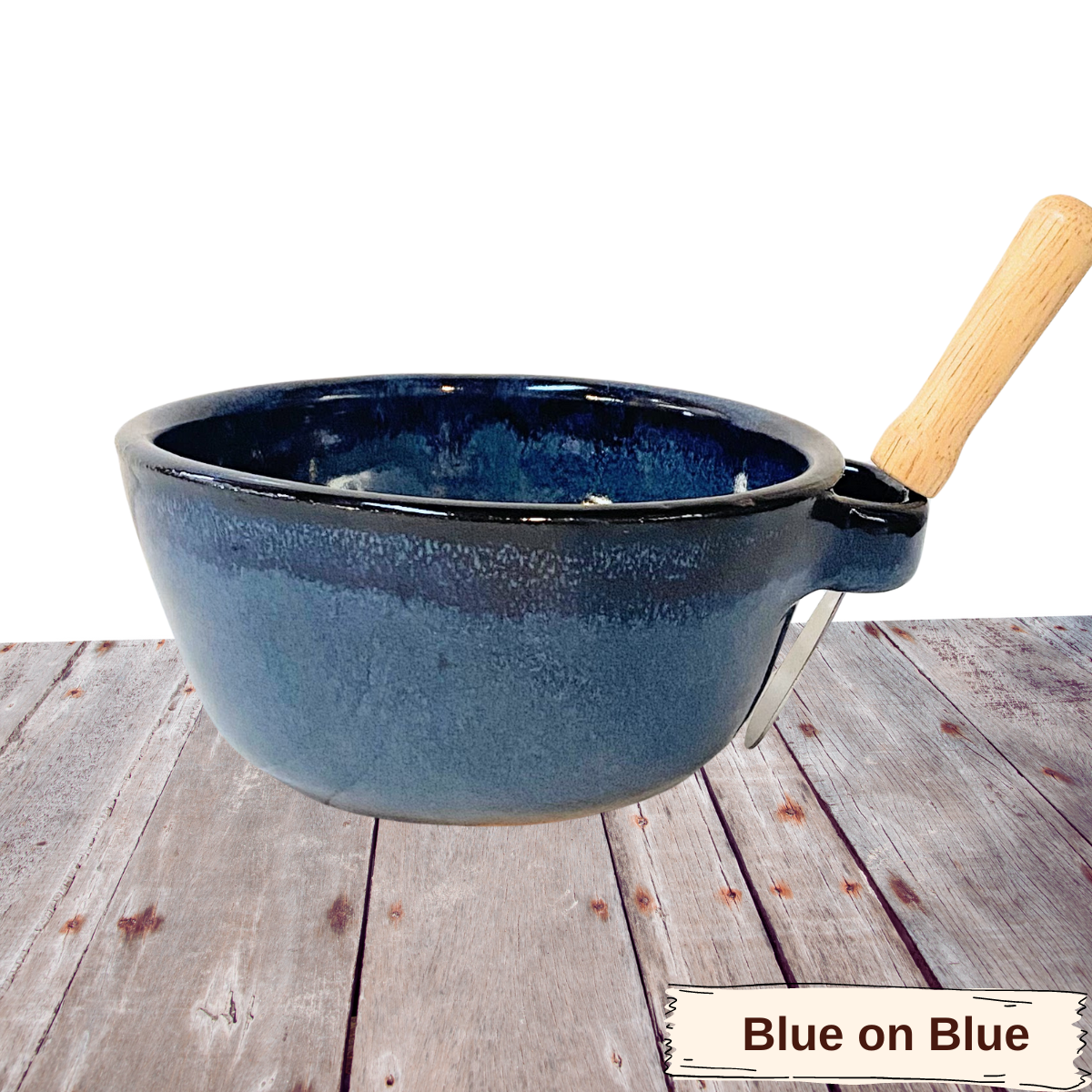 Pottery bowl with loop handle for knife. Spreader cup for jams sauces dips and charcuterie boards.