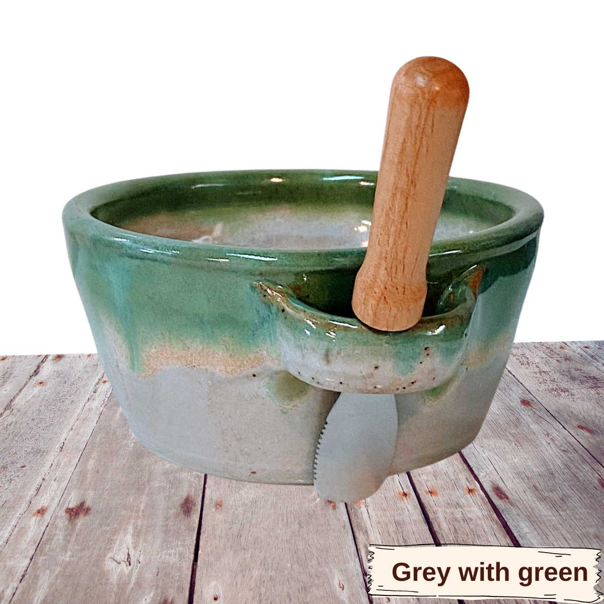 Pottery bowl with loop handle for knife. Spreader cup for jams sauces dips and charcuterie boards.
