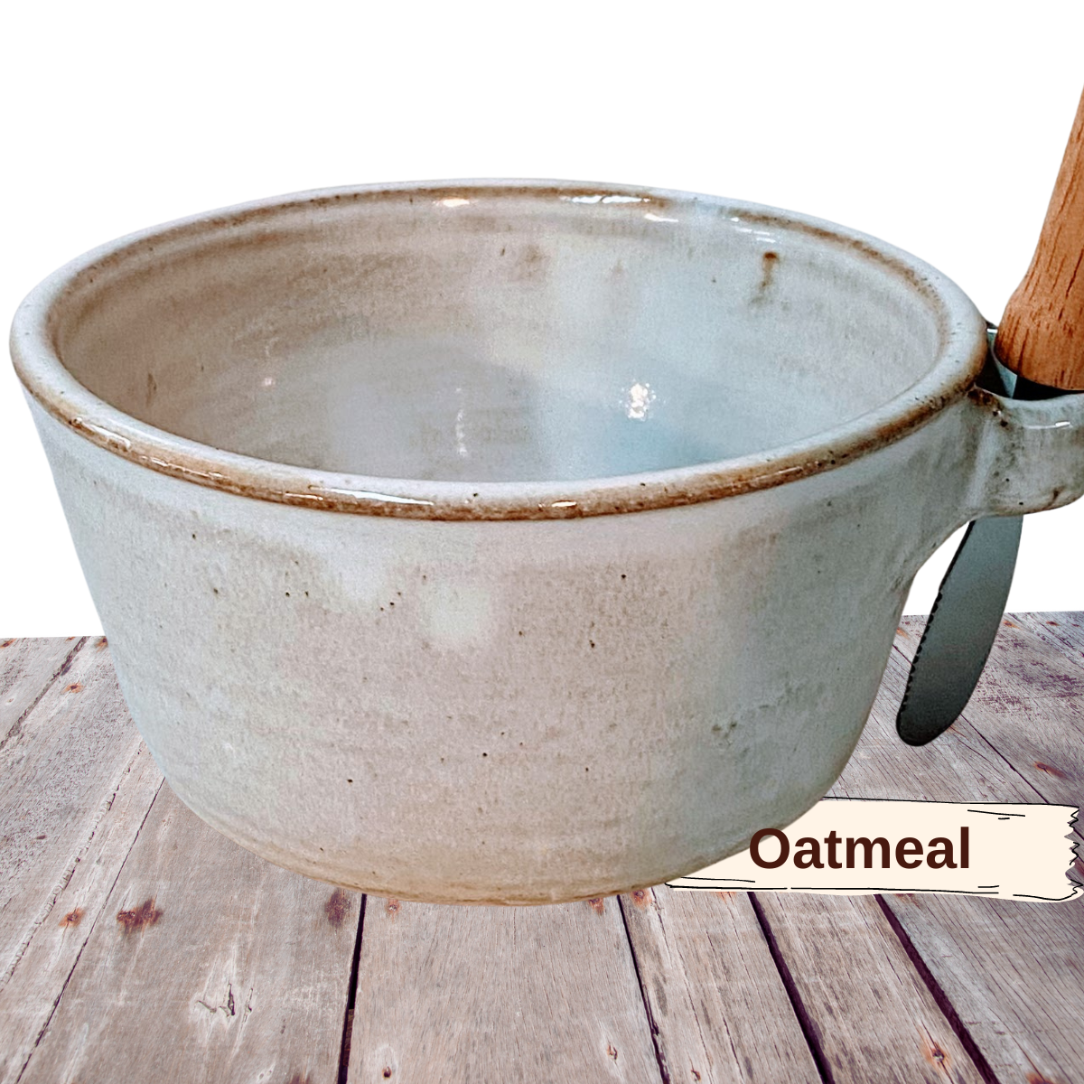 Pottery bowl with loop handle for knife. Spreader cup for jams sauces dips and charcuterie boards.