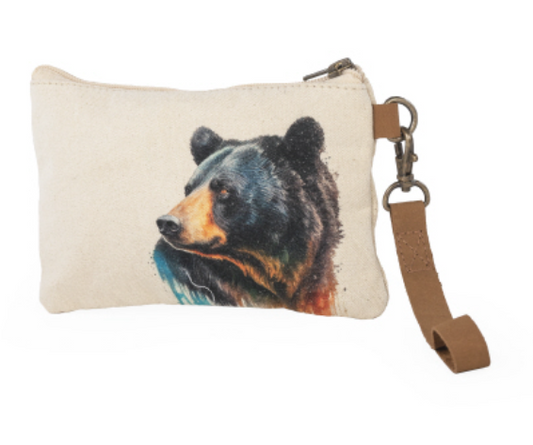 Canvas wristlet with black bear. Lined on inside and real leather handle. Cotton canvas artwork of bear