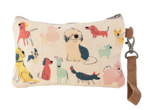 Canvas wristlet with dog breeds. Lined on inside and real leather handle. Cotton canvas artwork of multiple dogs
