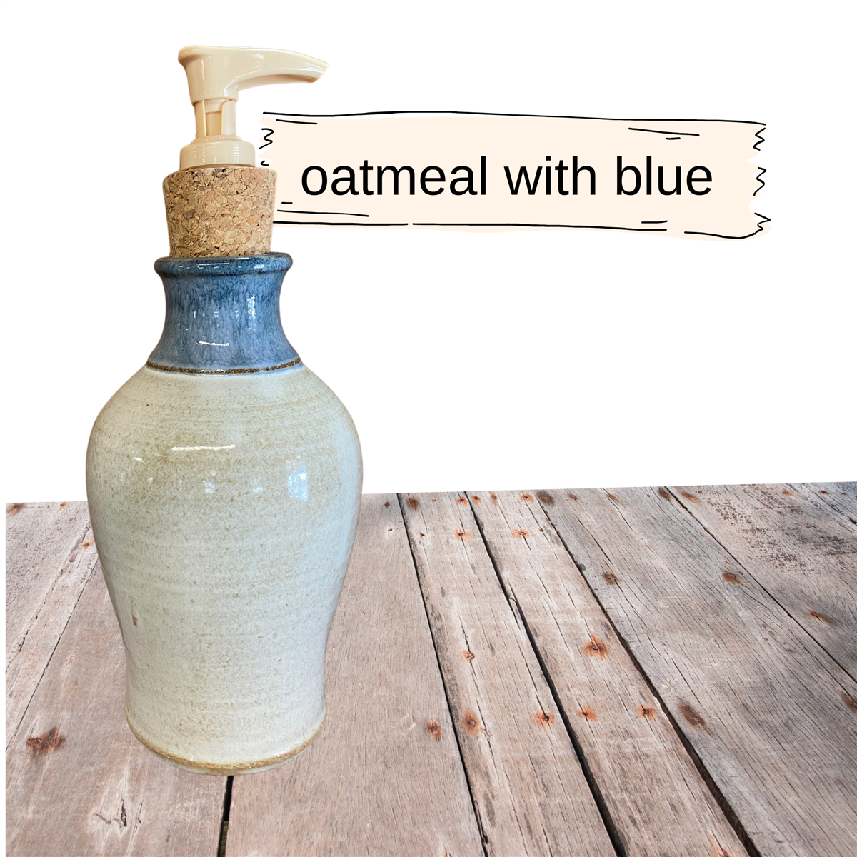 lotion, liquid soap dispenser pottery for dishwashing liquid. Handmade ceramic with cork and plastic pump