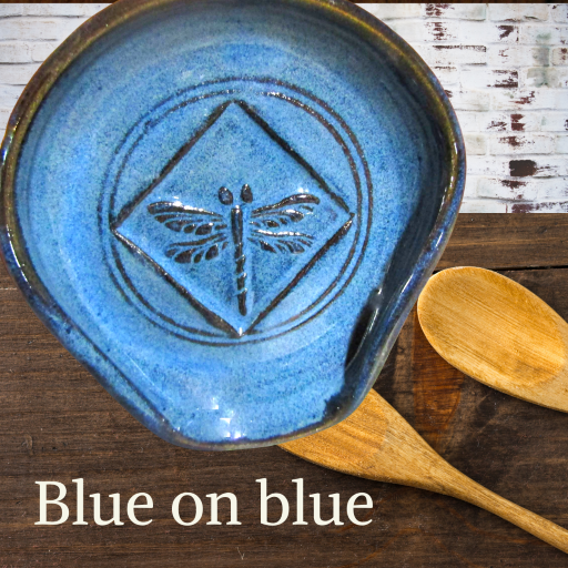 Ceramic spoon rest with dragonfly impression for ladle by stove. Pottery tray for stove or counter