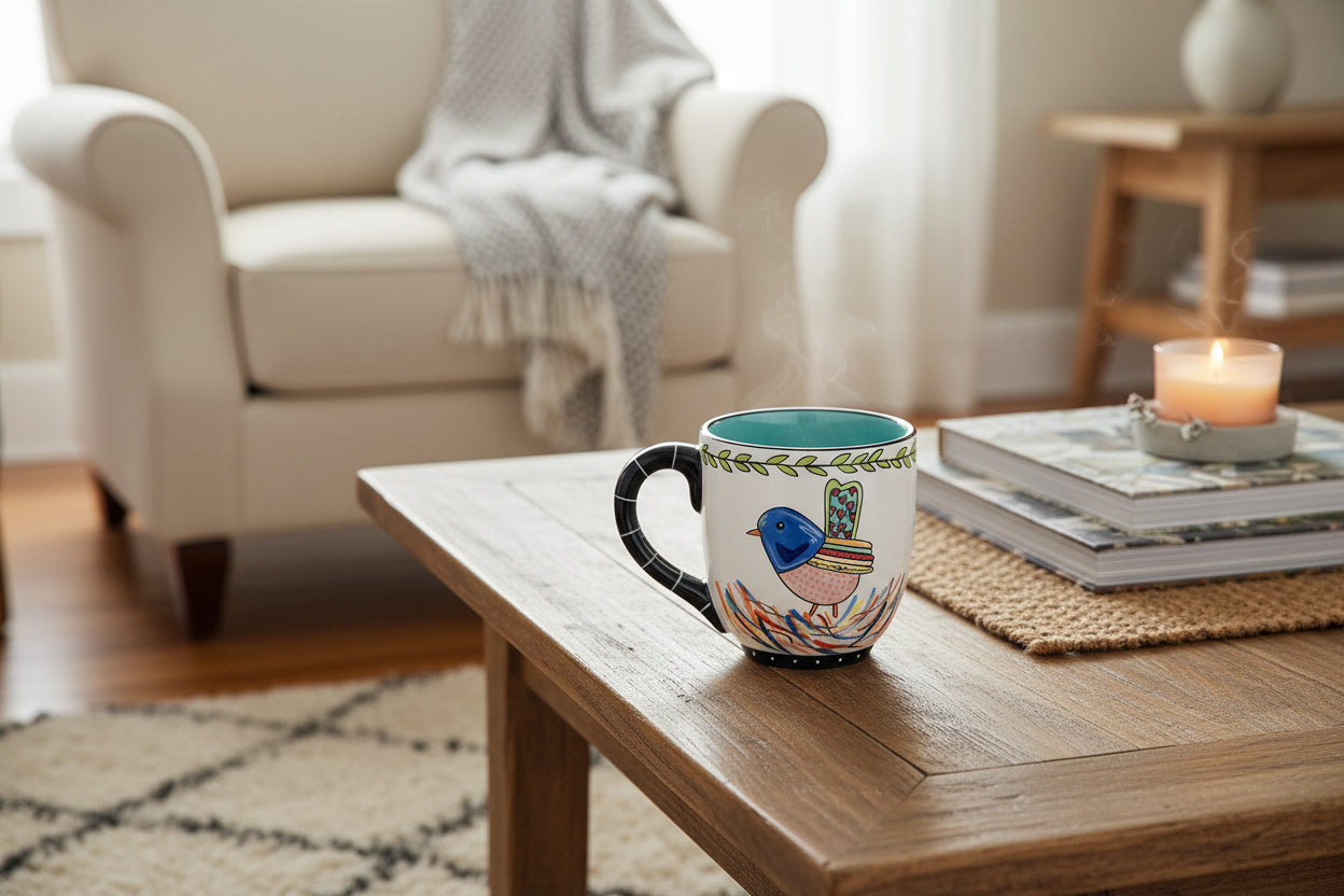Ceramic mug 16 ounce with cute blue bird on one side reads It is well with my soul. with heart on inside of mug
