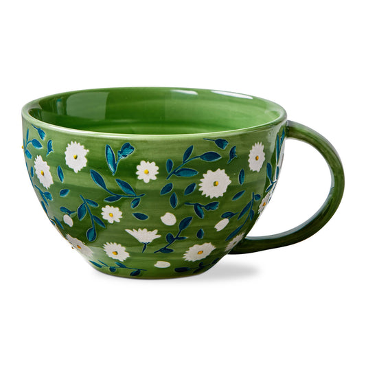 Latte Mug Sage Stoneware Green with flowers by Tag