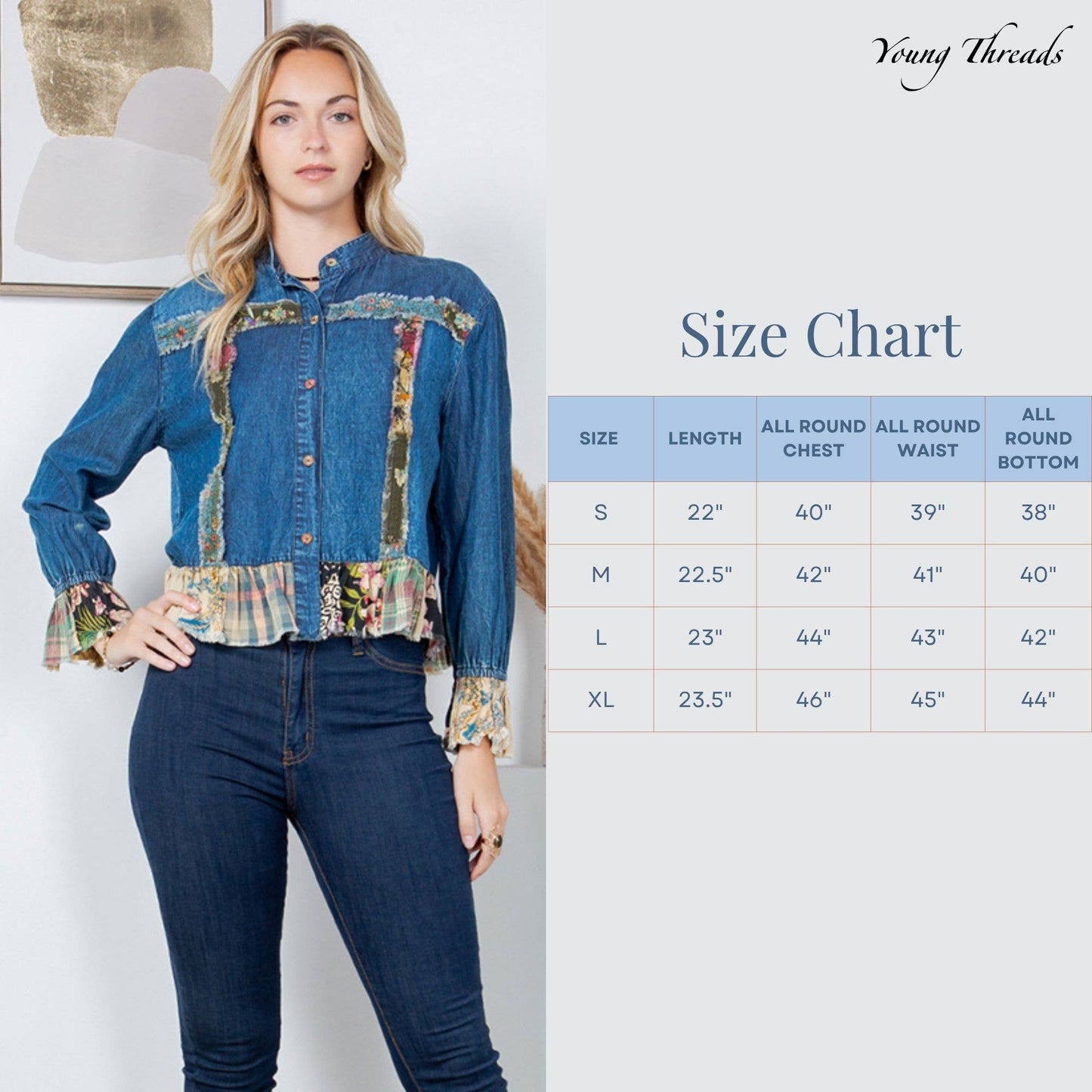 Western Boho Chic: Patch Pocket Cropped Denim Jacket with floral trim.