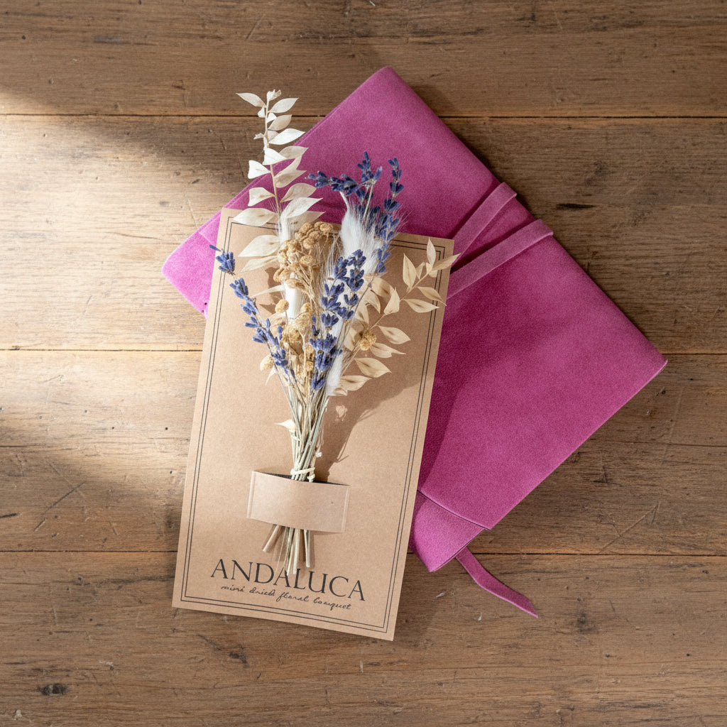 Pink floral bouquet with 'Andaluca' label on a textured surface