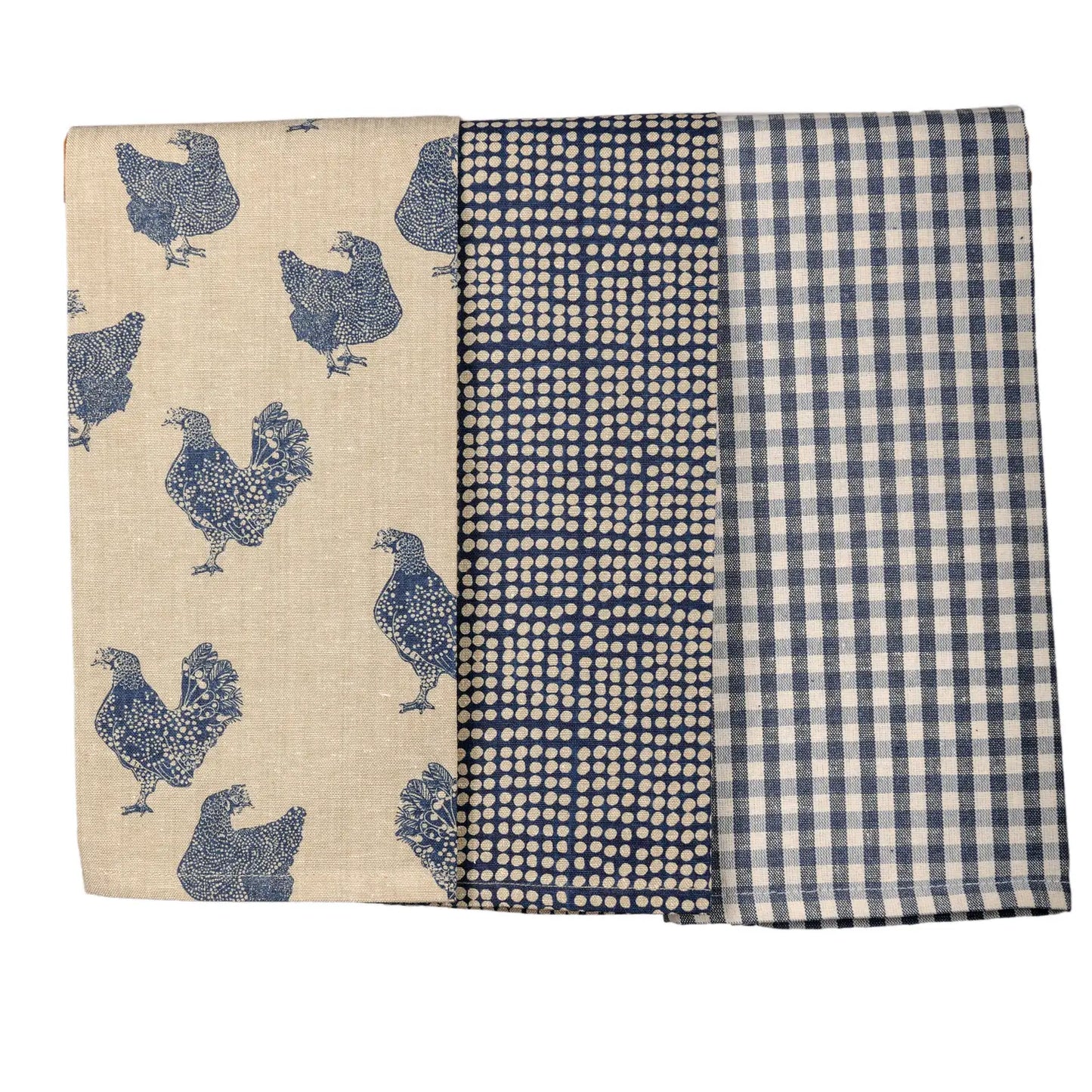 Chicken print set of 3 towels recycled cotton.  Raine & Humble recycled cotton. Blue chicken, gingham and stripped towels