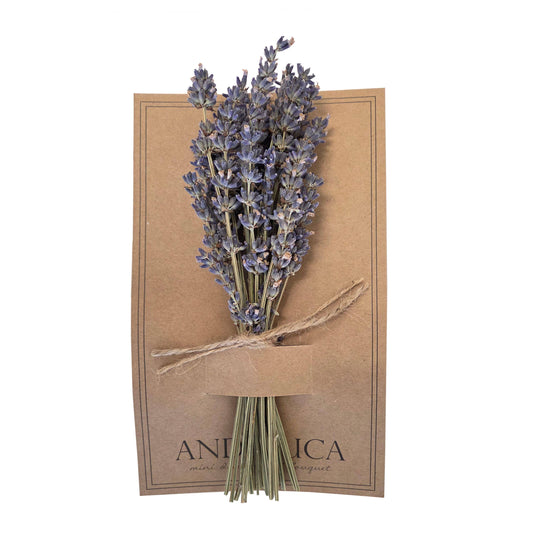 Bouquet of lavender tied with twine on a brown card with 'Andalucia' branding.