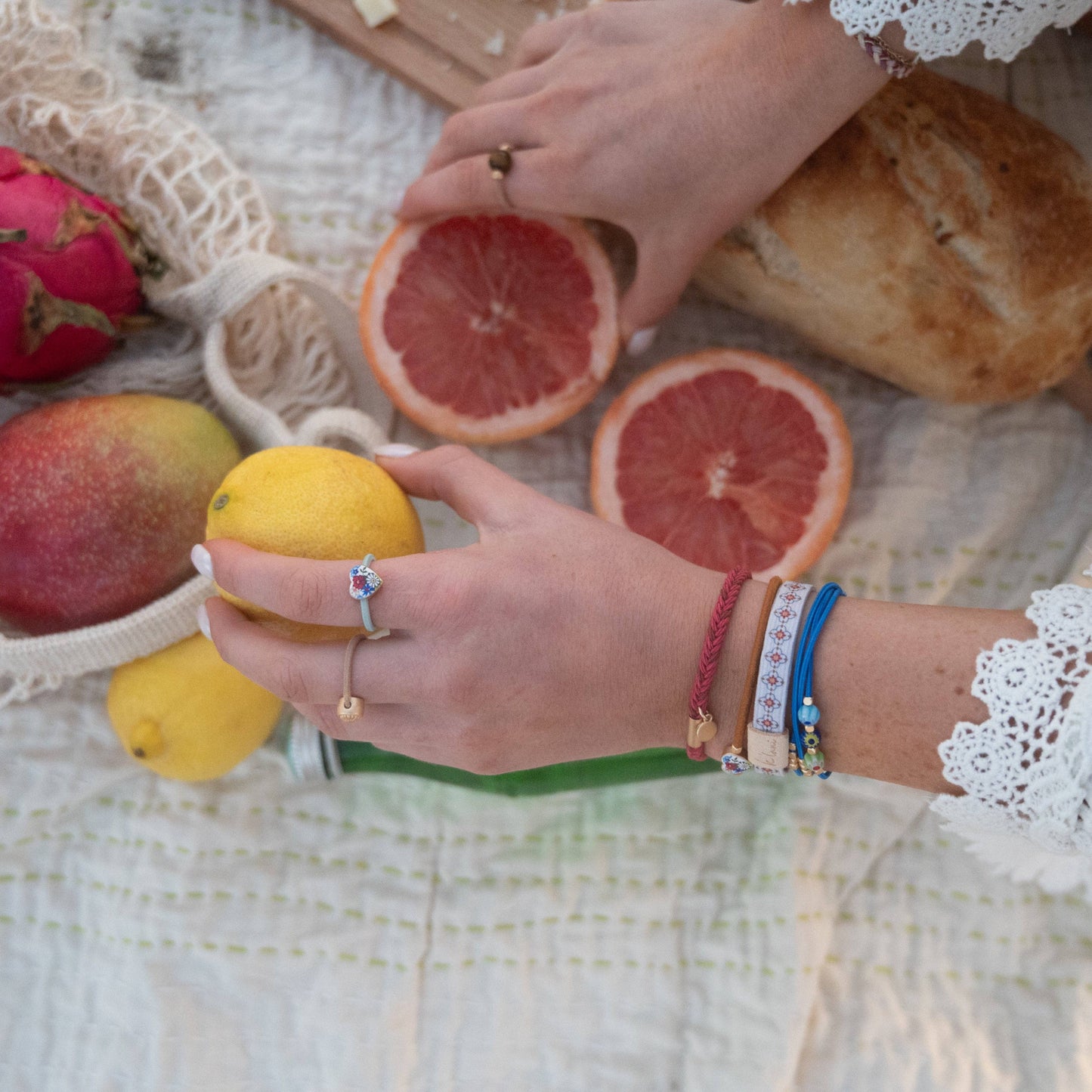 K'lani hair tie bracelets - "Dolce Vita" Floral Glass Beads with Gold Accents Hair Tie Bracelets