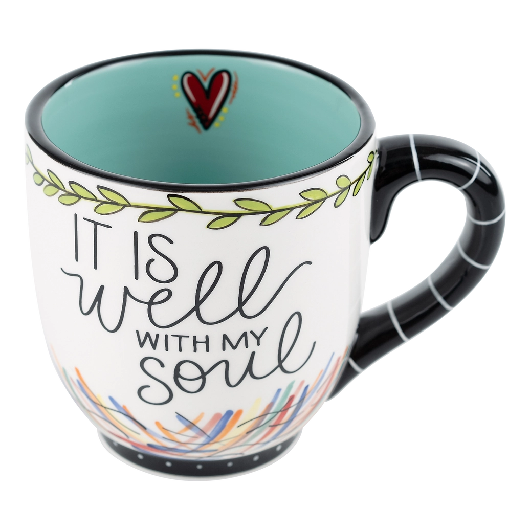 Ceramic mug 16 ounce with cute blue bird on one side reads It is well with my soul. with heart on inside of mug