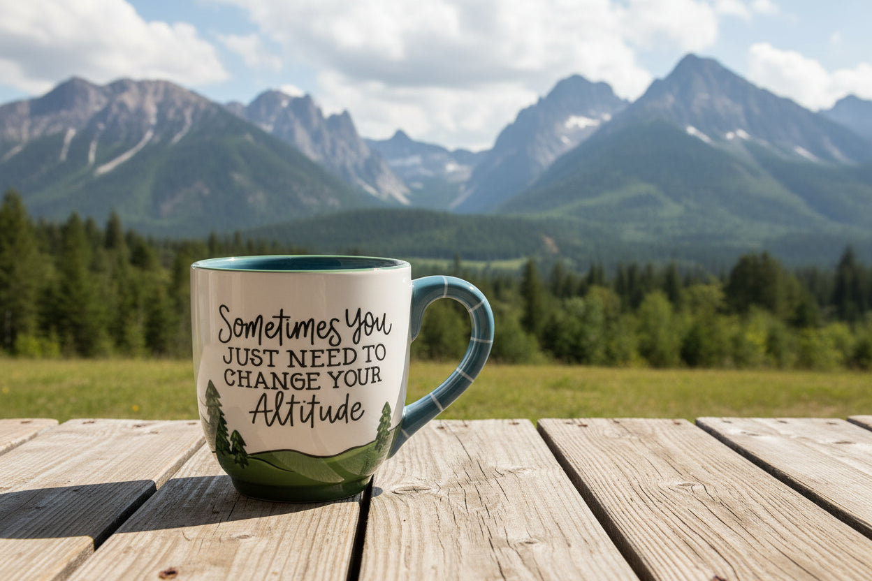 Ceramic mug 16 ounce with mountains water and sunshine reads Sometimes you need to change your altitude