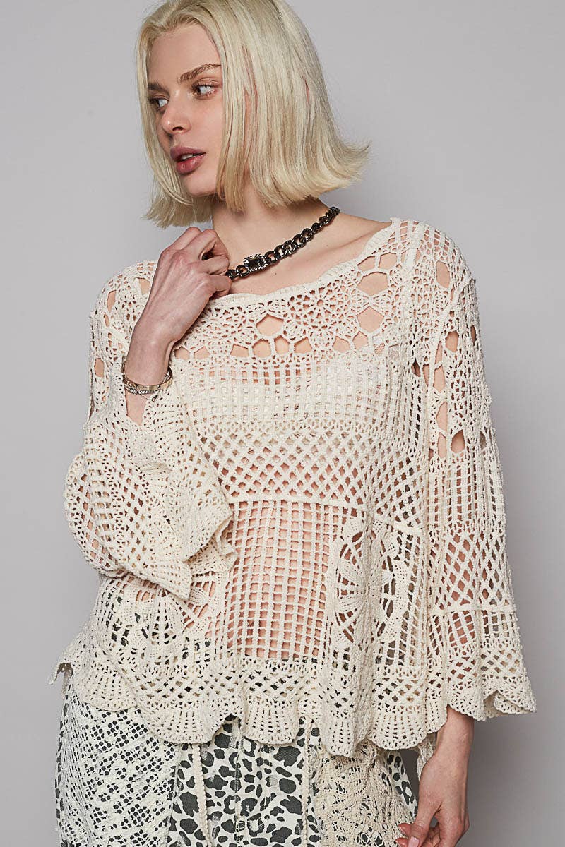 Pol Clothing - Round neck long sleeve crochet cardigan top. Natural color