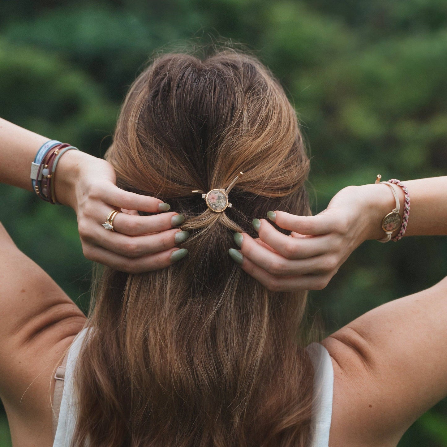 K'lani hair tie bracelets - "Bloom" Maroon and Pink with Pressed Flowers Hair Tie Bracelets