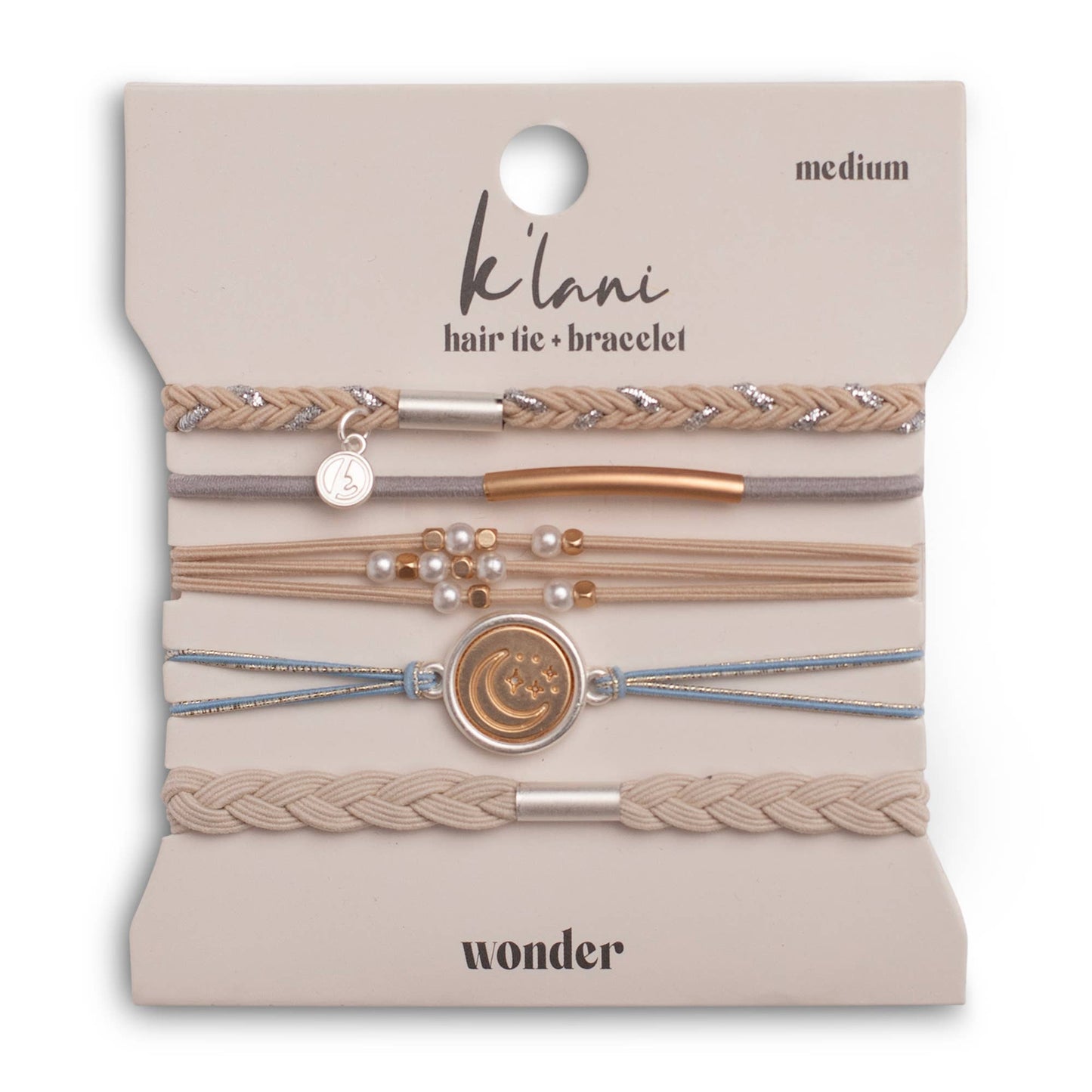 K'lani hair tie bracelets - "Wonder" Soft Creams & Blues with Pearls & Gold Hair Tie Bracelets