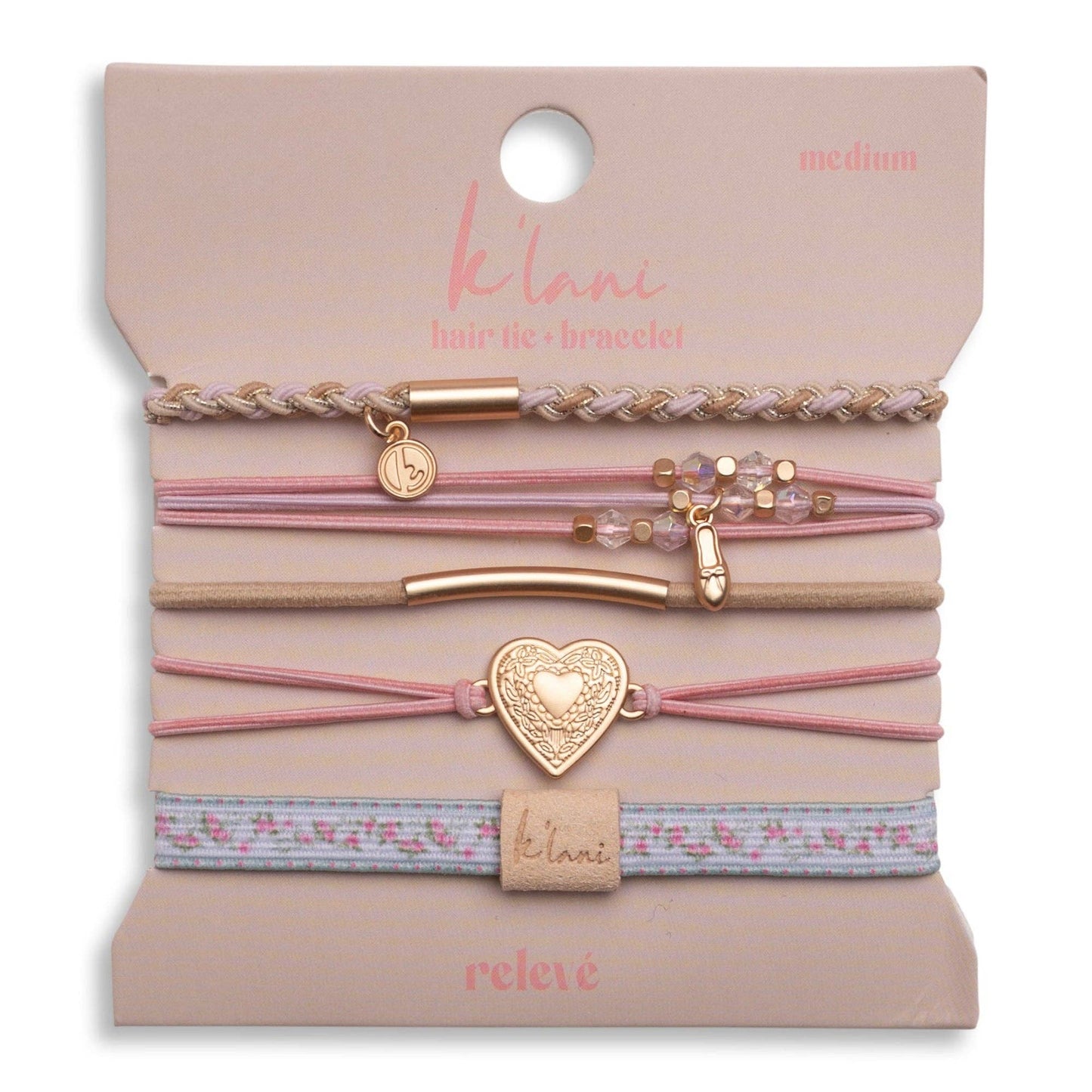 K'lani hair tie bracelets - "Relevé" Pink Floral with Ballet Slipper Hair Tie Bracelets