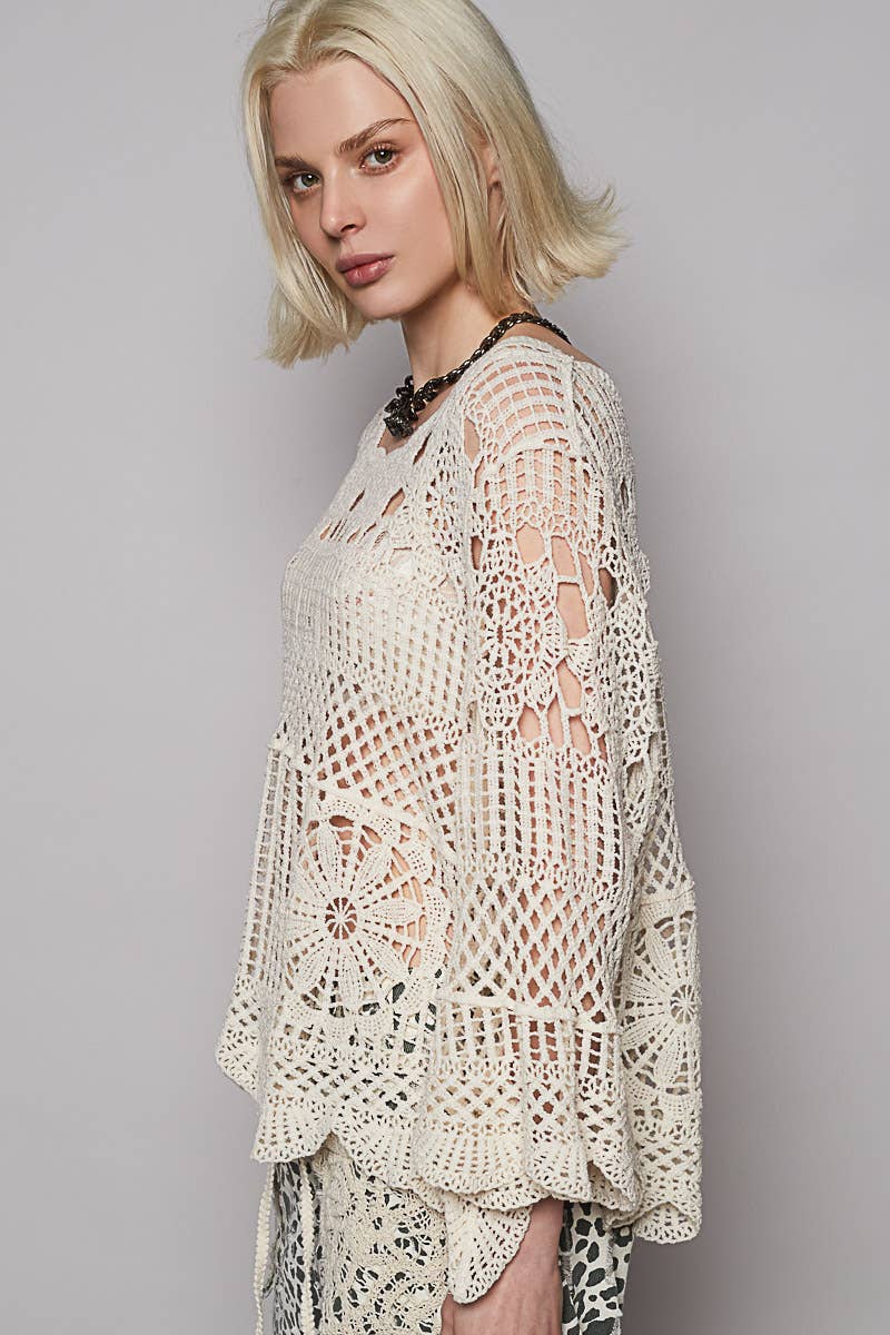 Pol Clothing - Round neck long sleeve crochet cardigan top. Natural color