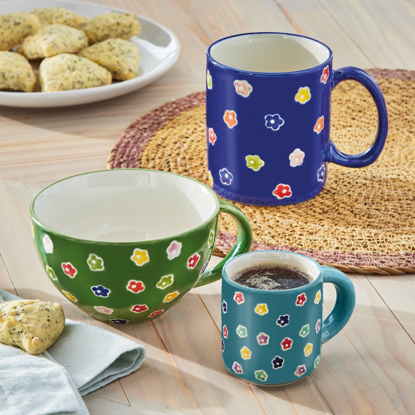 Flower Latte Mug Multi Stoneware by Tag. Green with Ditzy flower design
