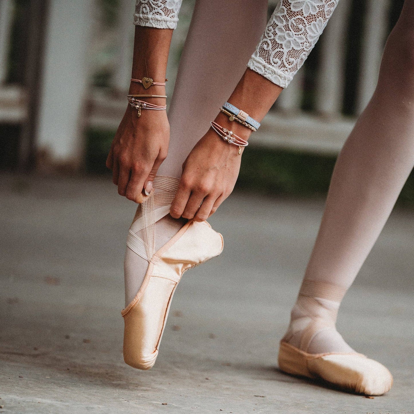 K'lani hair tie bracelets - "Relevé" Pink Floral with Ballet Slipper Hair Tie Bracelets