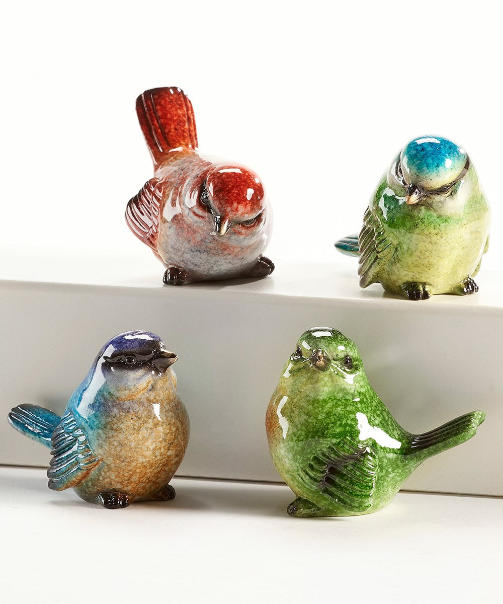 Glossy bird figures. Red, green, blue, for window, plants, tiny birds for decorations